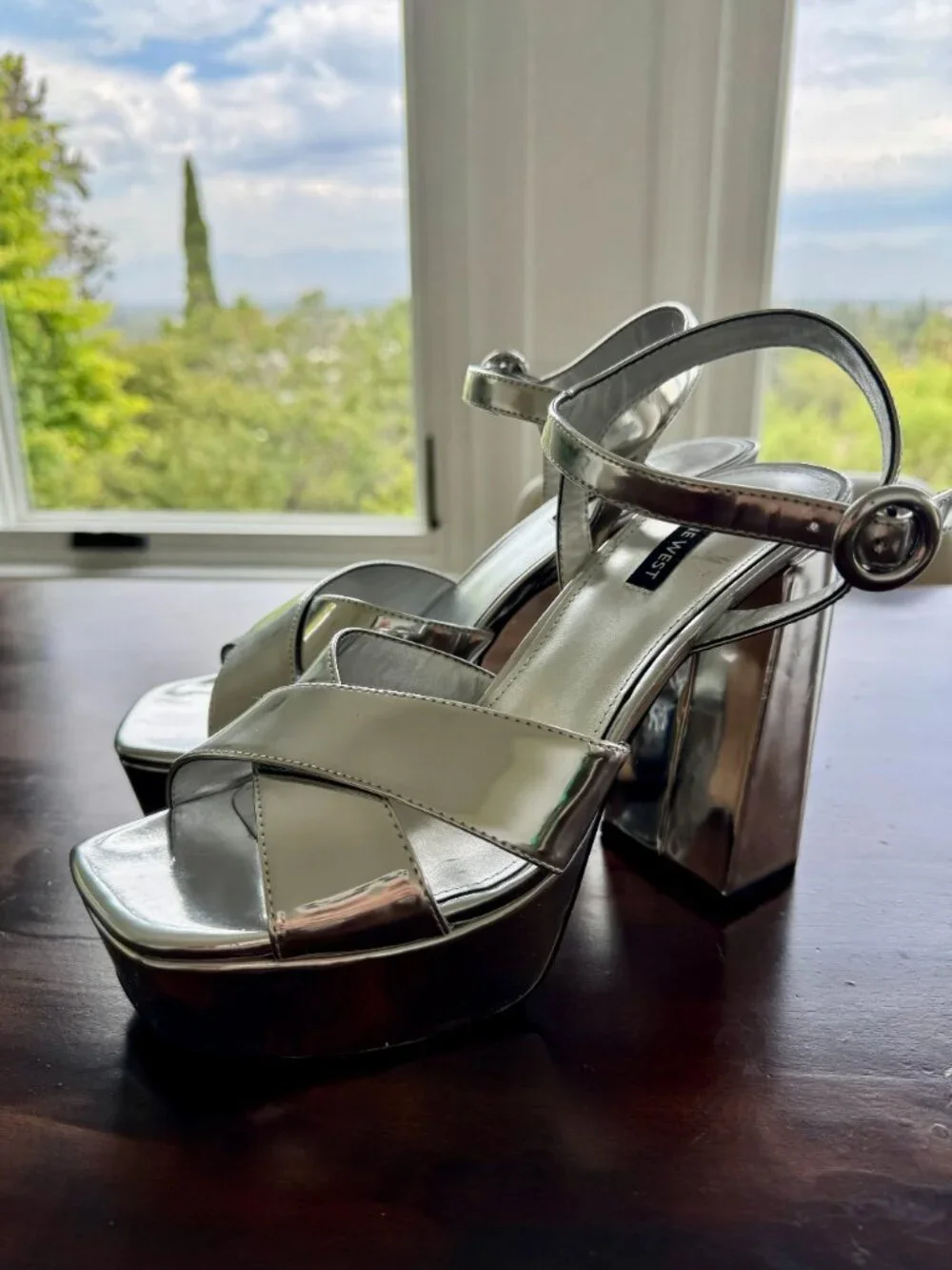 NINE WEST Vallen3 Silver Mirror Metallic Strappy Platform